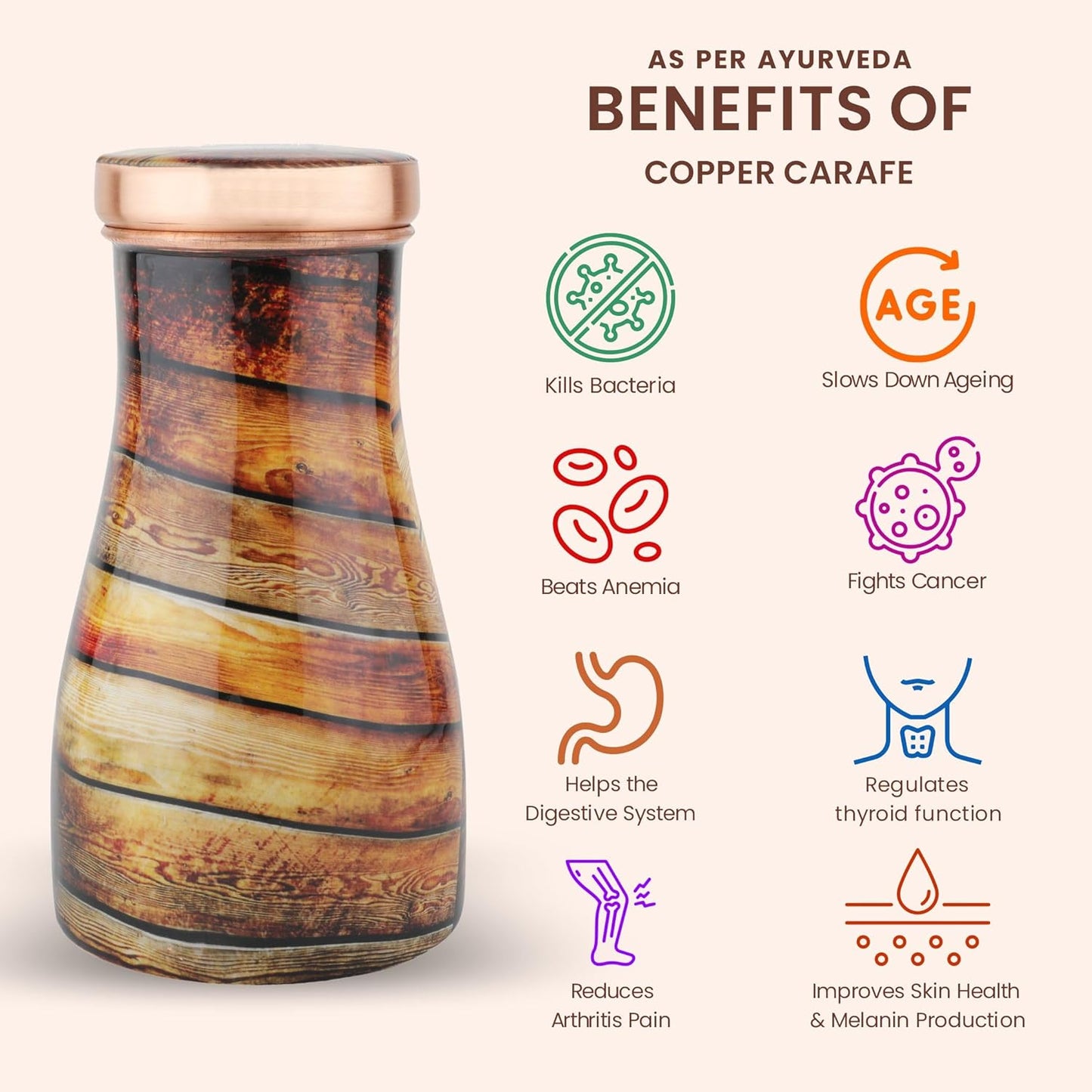 Mother Copperware Rhine Pure Copper Carafe | Bedside Water Carafe | Carafe with Glass| Bedroom Jar | Bedside Carafes with Tumbler/Glass with Lid | with Lacqure Coating 1000 ML.