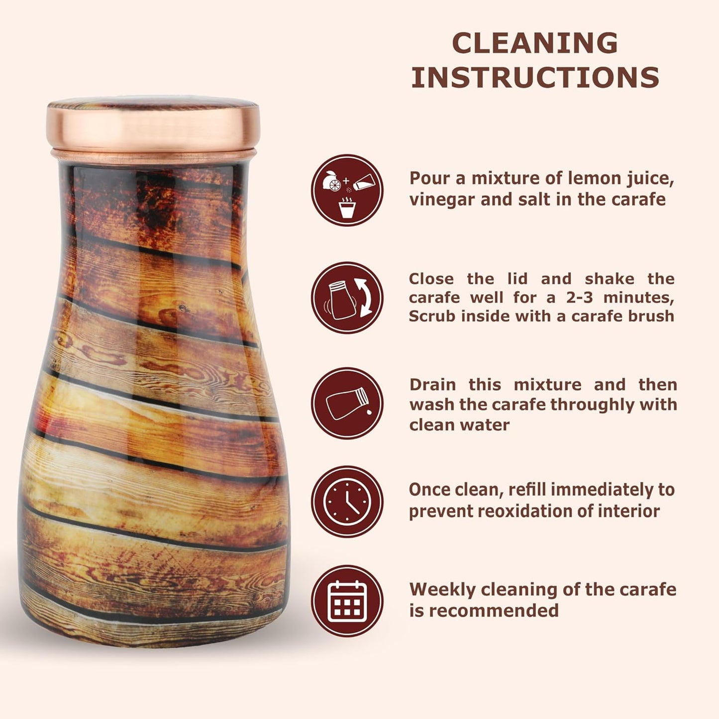 Mother Copperware Rhine Pure Copper Carafe | Bedside Water Carafe | Carafe with Glass| Bedroom Jar | Bedside Carafes with Tumbler/Glass with Lid | with Lacqure Coating 1000 ML.
