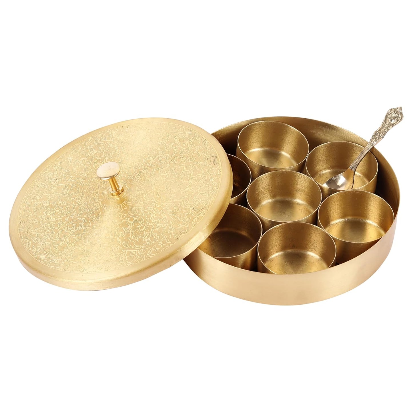 Mother copperware Pangong Brass Spice Box – Handcrafted Masala Dabba with 7 Containers (40ml Each) & Spoon | Traditional Brass Masala Box for Kitchen