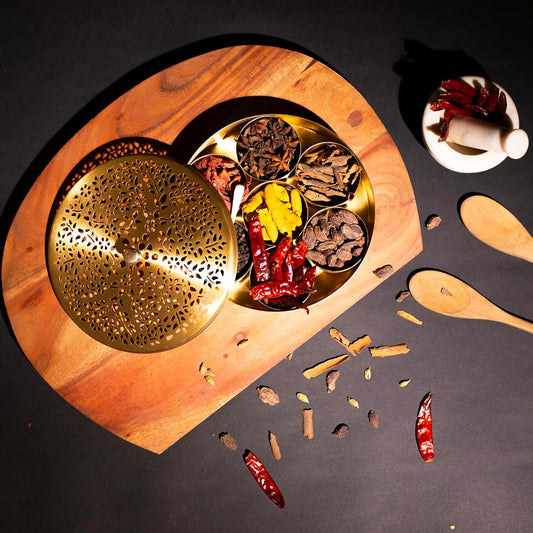 Mother copperware Nainital Brass Spice Box – Handcrafted Masala Dabba with 7 Containers (40ml Each) & Spoon | Traditional Brass Masala Box for Kitchen