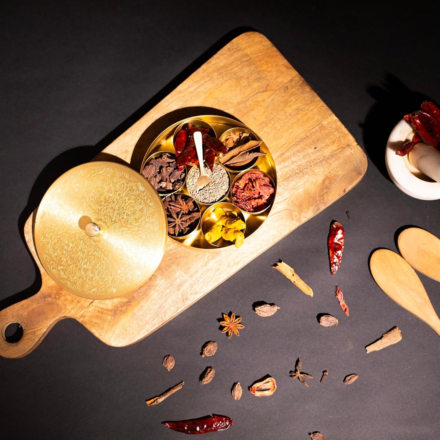 Mother copperware Pangong Brass Spice Box – Handcrafted Masala Dabba with 7 Containers (40ml Each) & Spoon | Traditional Brass Masala Box for Kitchen