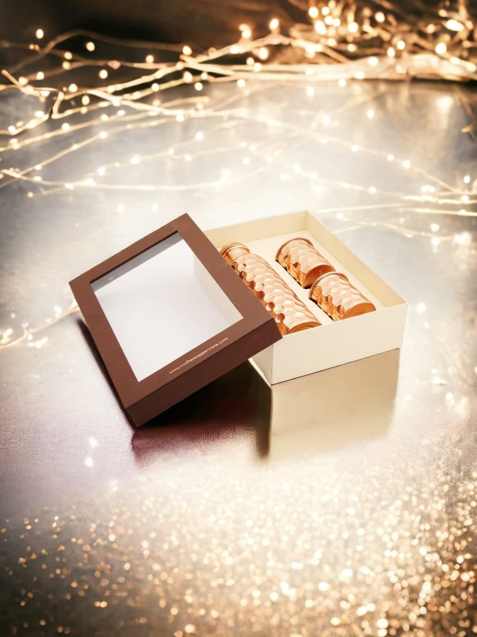 Mother Copperware Diamond Copper Bottle Gift Set with 2 Copper Glasses with Ayurvedic Health Benefits Used for Household and Gifting Purposes.