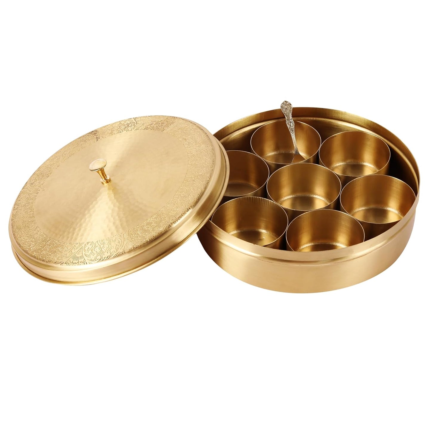 Mother copperware Pulikat Brass Spice Box – Handcrafted Masala Dabba with 7 Containers (40ml Each) & Spoon |