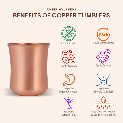 Mother Copperware Orinoco Pure Copper Tumbler Design Glass Set 2 Tumbler Cup with Lid, Drinking Serving Water, Yoga Ayurveda, Volume-275 ML.