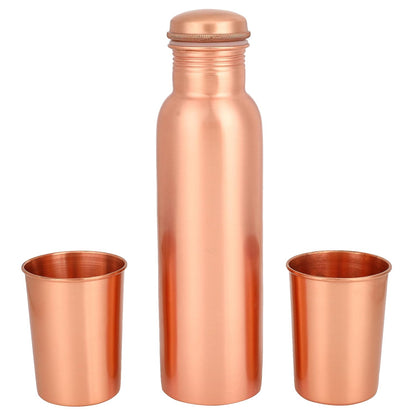 Mother copperware Copper Bottle Gift Set with 2 Copper Glasses with Ayurvedic Health Benefits Used for Household and Gifting Purposes.