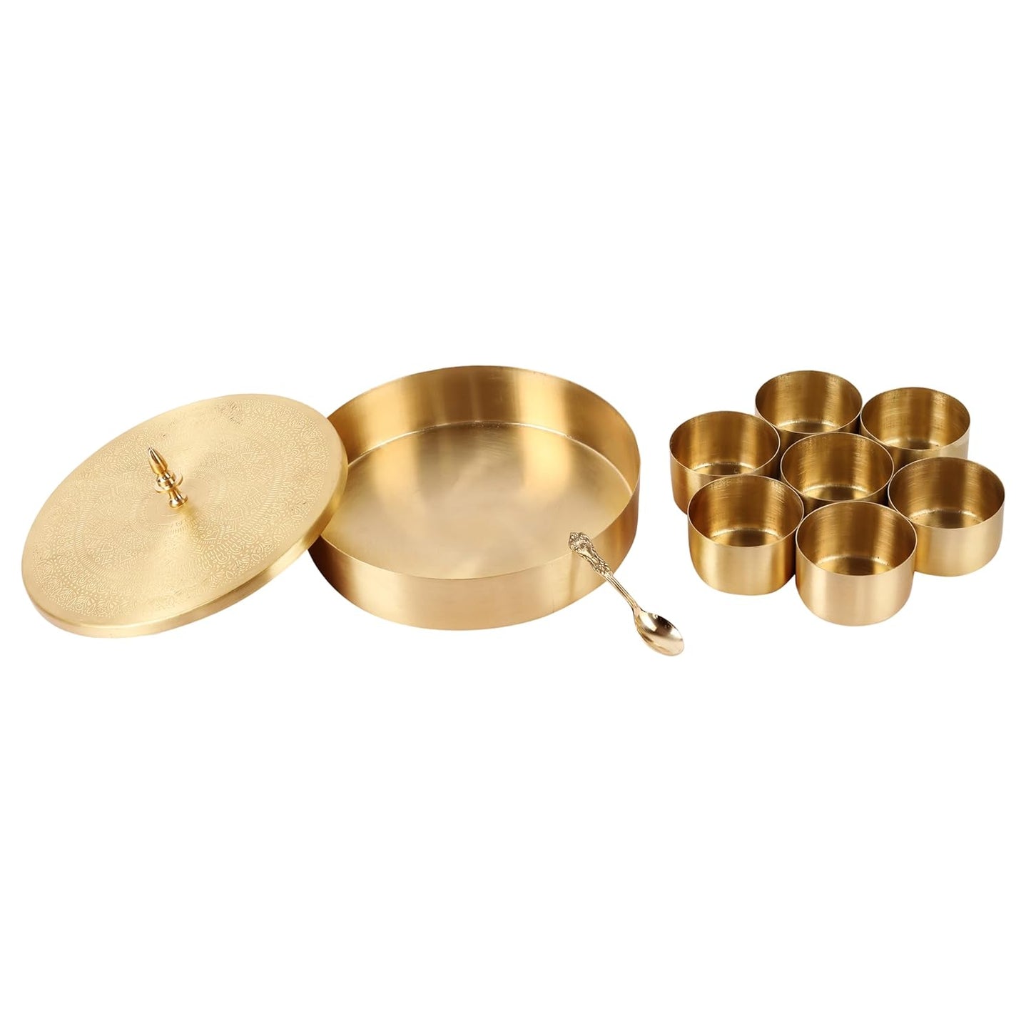 Mother copperware Bhimtal Brass Spice Box Handcrafted Brass Spice Box Set For Kitchen With Spoon (7 Containers, 40 ML) - Masala Container Masala Dabba. (Bhimtal Brass Spice Box)