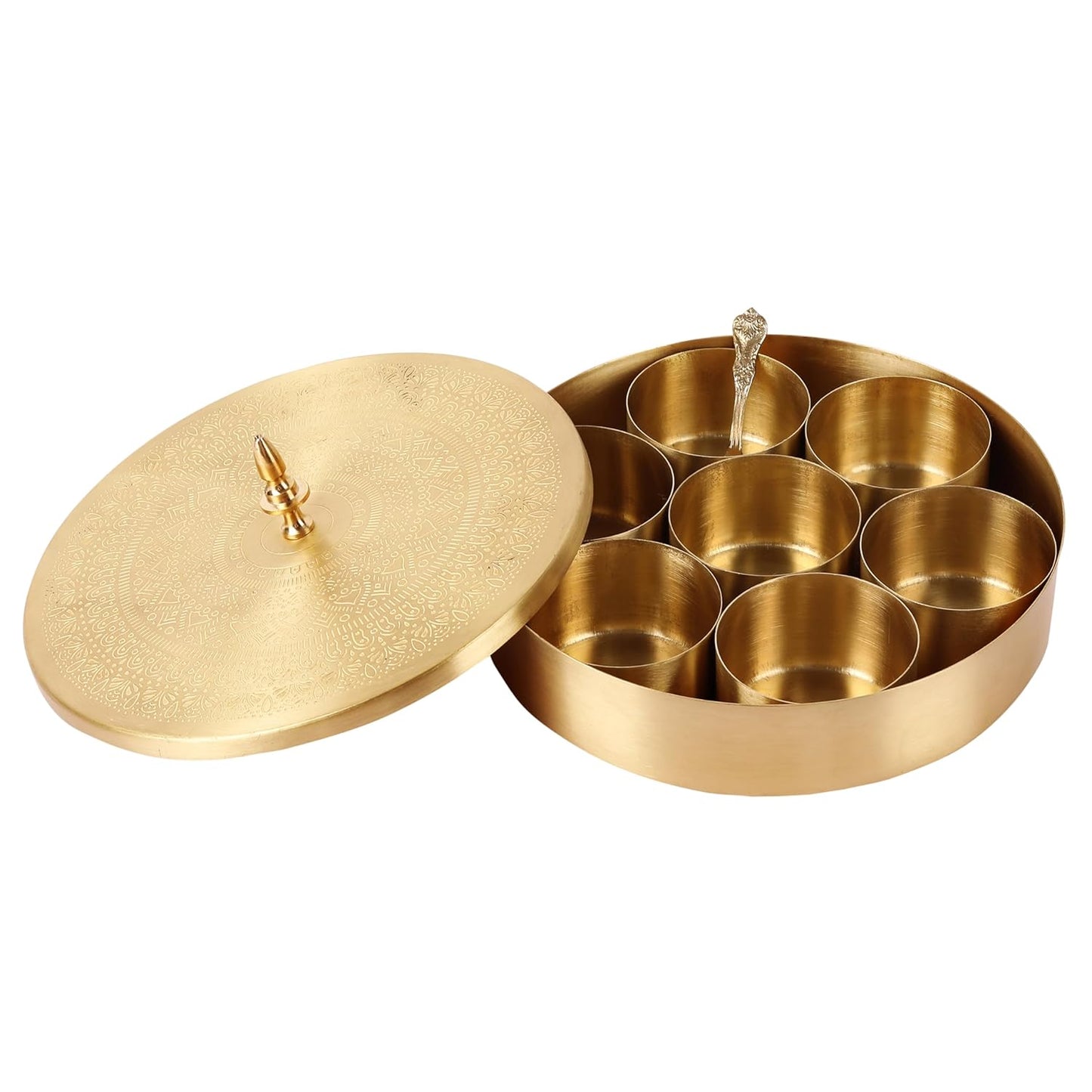 Mother copperware Bhimtal Brass Spice Box Handcrafted Brass Spice Box Set For Kitchen With Spoon (7 Containers, 40 ML) - Masala Container Masala Dabba. (Bhimtal Brass Spice Box)