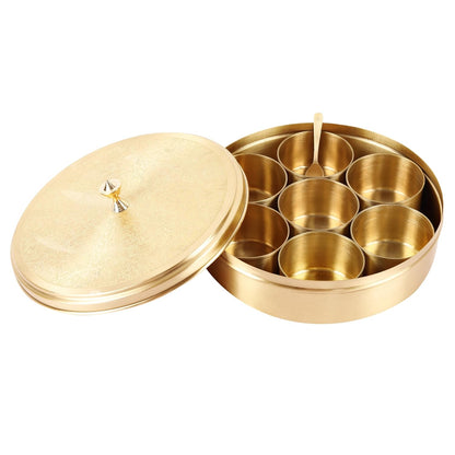 Mother copperware Wular Brass Spice Box – Handcrafted Masala Dabba with 7 Containers (40ml Each) & Spoon | Traditional Brass Masala Box for Kitchen