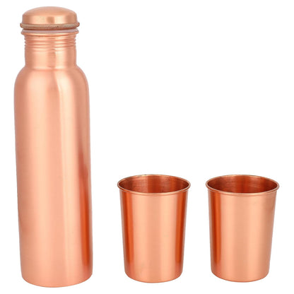 Mother copperware Copper Bottle Gift Set with 2 Copper Glasses with Ayurvedic Health Benefits Used for Household and Gifting Purposes.