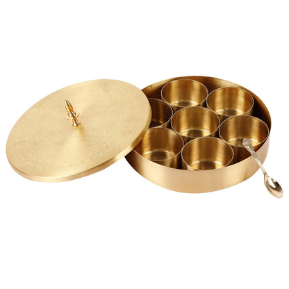 Mother copperware Bhimtal Brass Spice Box Handcrafted Brass Spice Box Set For Kitchen With Spoon (7 Containers, 40 ML) - Masala Container Masala Dabba. (Bhimtal Brass Spice Box)