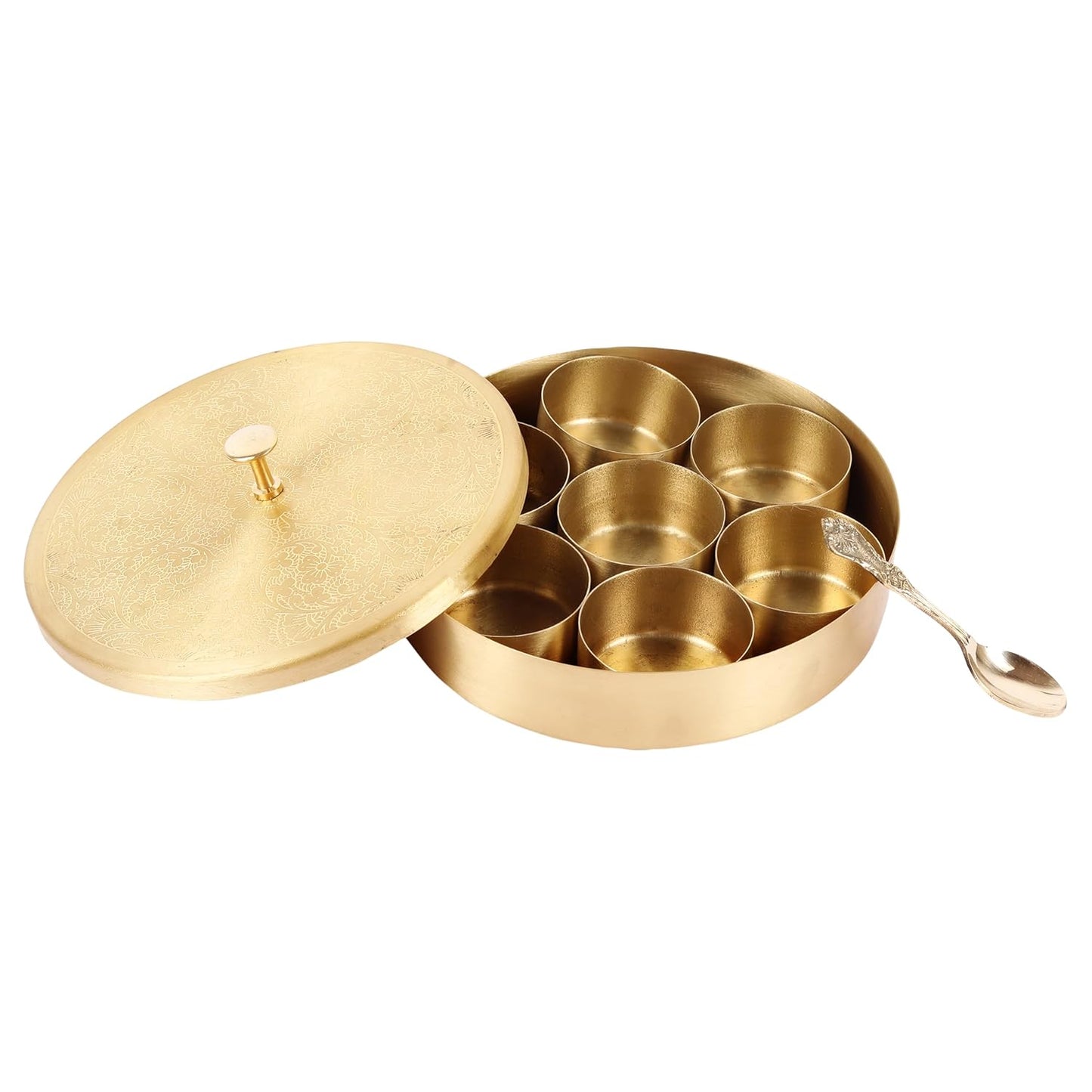Mother copperware Pangong Brass Spice Box – Handcrafted Masala Dabba with 7 Containers (40ml Each) & Spoon | Traditional Brass Masala Box for Kitchen