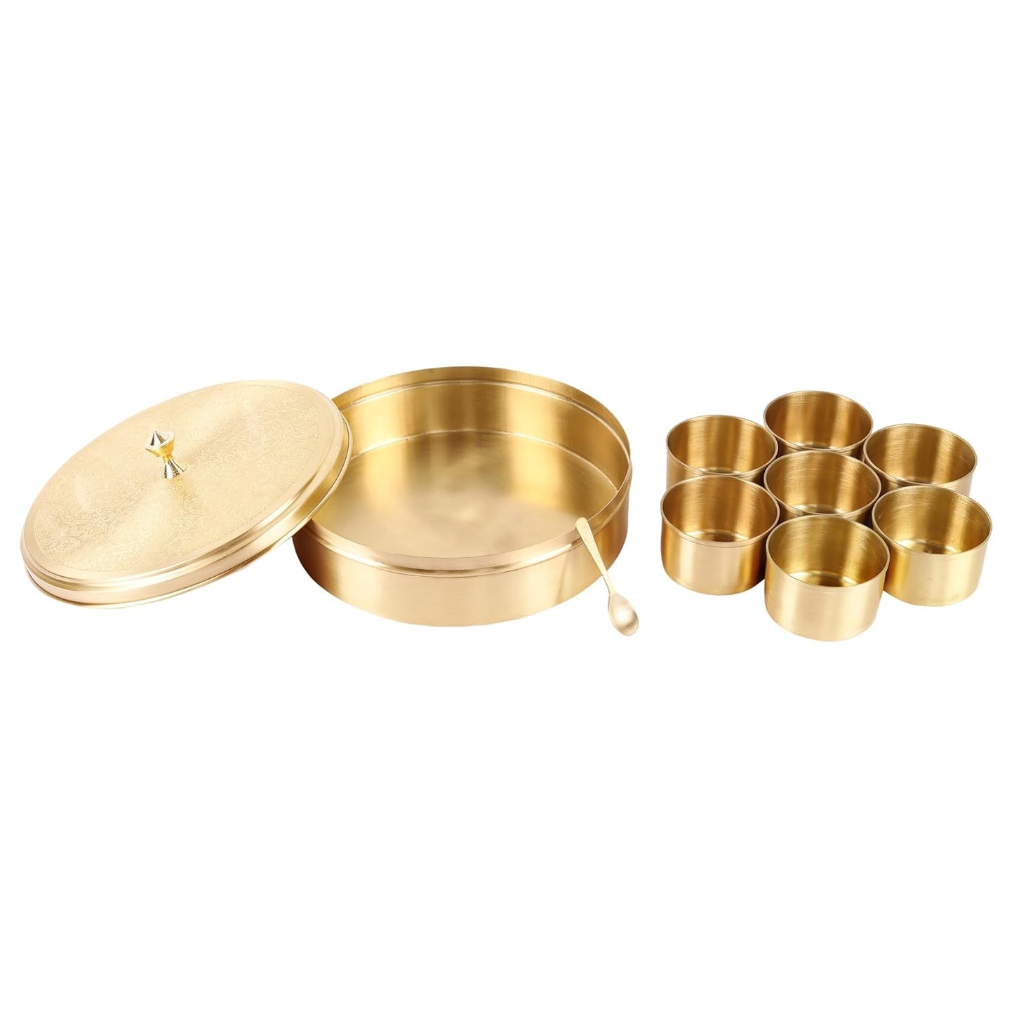 Mother copperware Wular Brass Spice Box – Handcrafted Masala Dabba with 7 Containers (40ml Each) & Spoon | Traditional Brass Masala Box for Kitchen