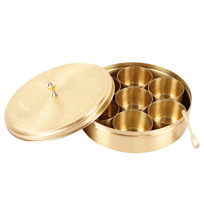 Mother copperware Wular Brass Spice Box – Handcrafted Masala Dabba with 7 Containers (40ml Each) & Spoon | Traditional Brass Masala Box for Kitchen