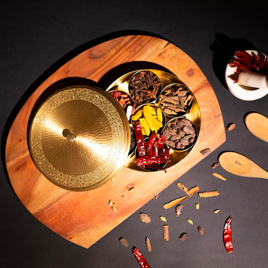 Mother copperware Pulikat Brass Spice Box – Handcrafted Masala Dabba with 7 Containers (40ml Each) & Spoon |