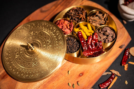 Mother copperware Bhimtal Brass Spice Box Handcrafted Brass Spice Box Set For Kitchen With Spoon (7 Containers, 40 ML) - Masala Container Masala Dabba. (Bhimtal Brass Spice Box)