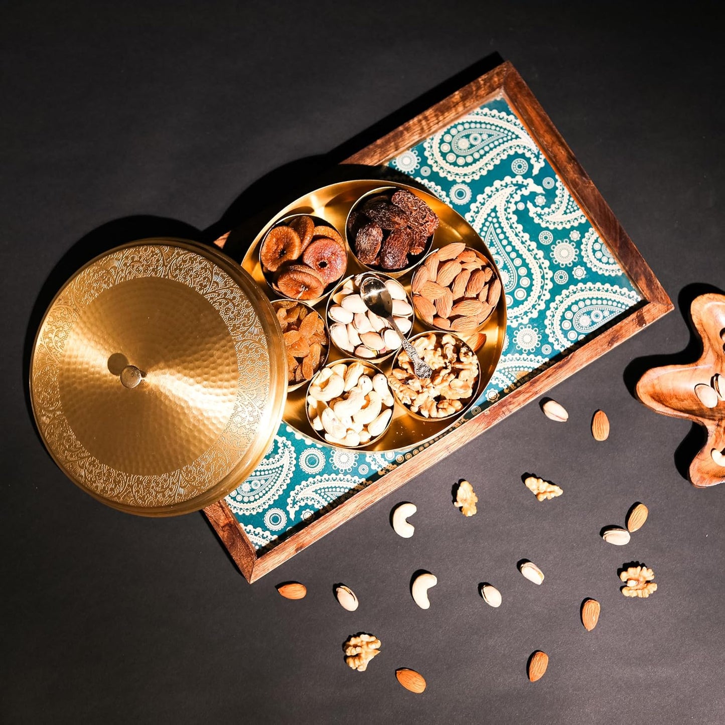 Mother copperware Pulikat Brass Spice Box – Handcrafted Masala Dabba with 7 Containers (40ml Each) & Spoon |